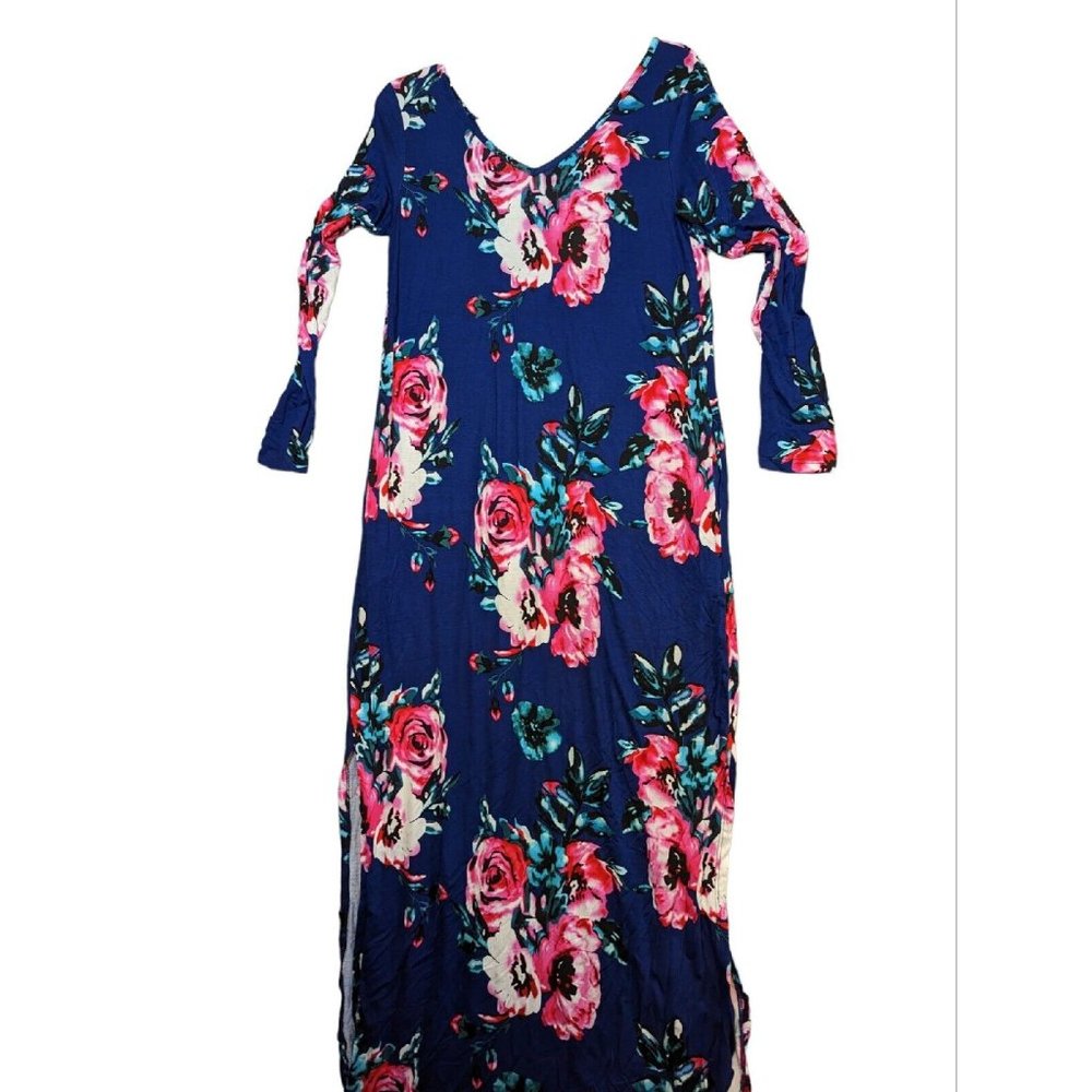 Women's Casual Loose Long Maxi Dress With Slits Long Sleeve V Neck Blue Floral S